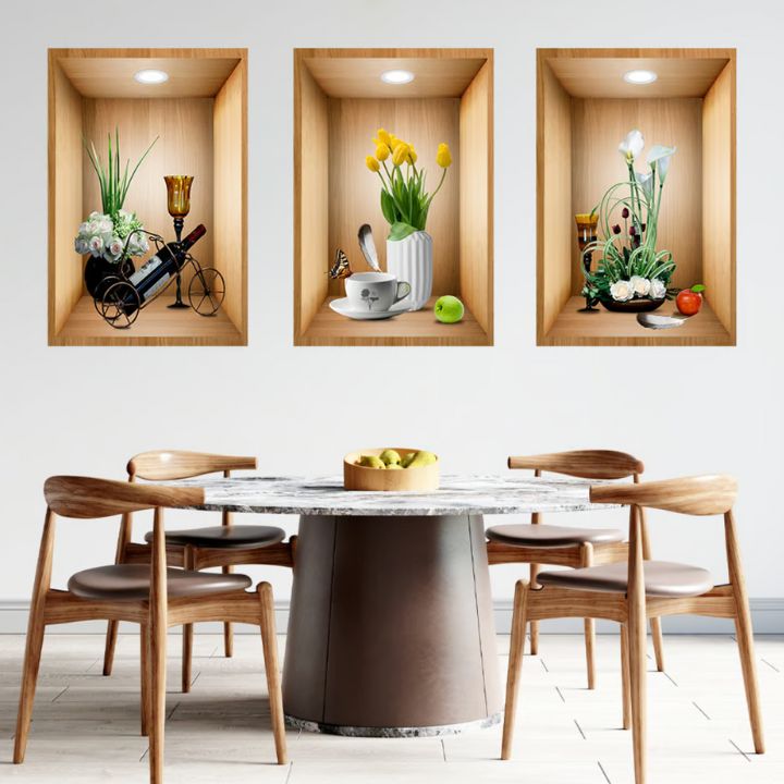 VaseScape | 3D-väggdekaler - blommig vasdesign, uppsättning om 3, elegant heminredning