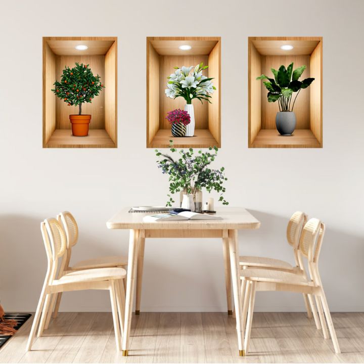 VaseScape | 3D-väggdekaler - blommig vasdesign, uppsättning om 3, elegant heminredning