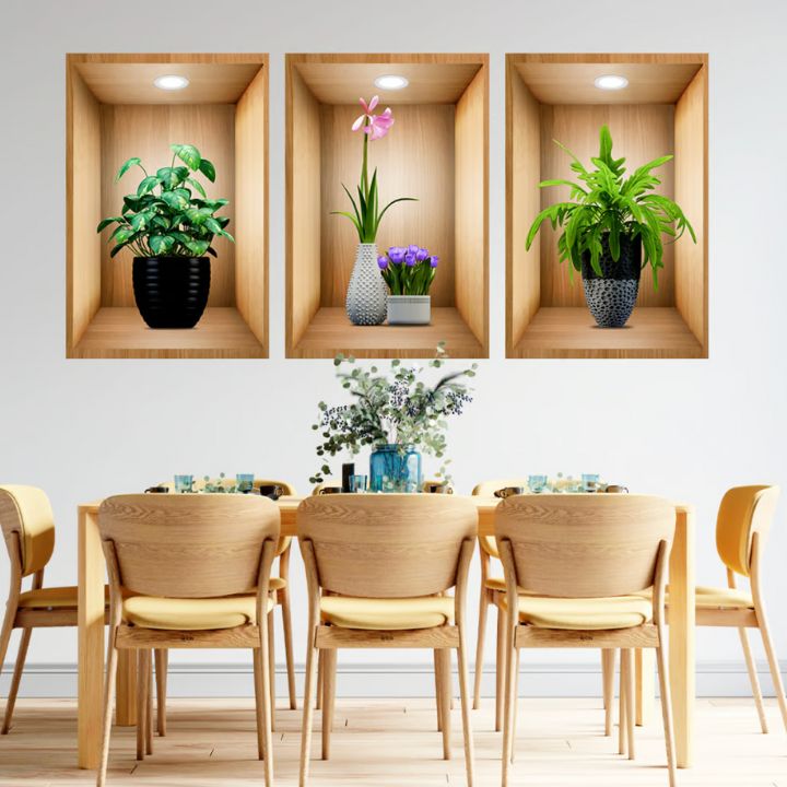 VaseScape | 3D-väggdekaler - blommig vasdesign, uppsättning om 3, elegant heminredning