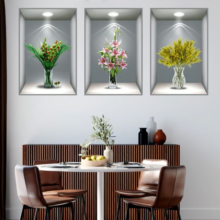 VaseScape | 3D-väggdekaler - blommig vasdesign, uppsättning om 3, elegant heminredning