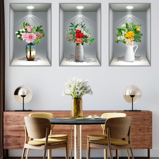 VaseScape | 3D-väggdekaler - blommig vasdesign, uppsättning om 3, elegant heminredning