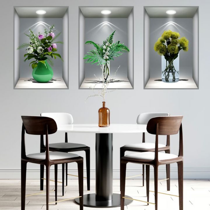 VaseScape | 3D-väggdekaler - blommig vasdesign, uppsättning om 3, elegant heminredning