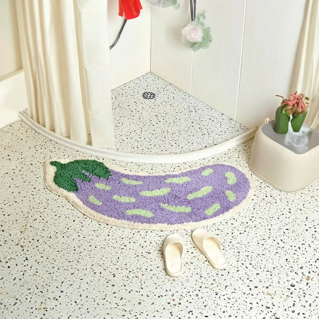 TropiMat | Halkfri badrumsmatta - mjuk absorberande matta med aubergine- och banandesign