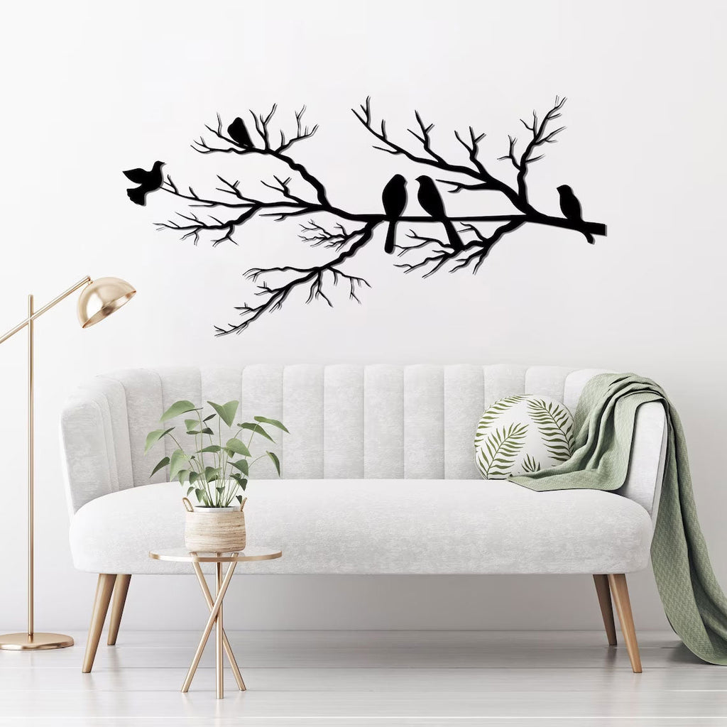 AvianTales | Fåglar på gren Metallväggkonst - Modern naturdekor för vardagsrum och sovrum